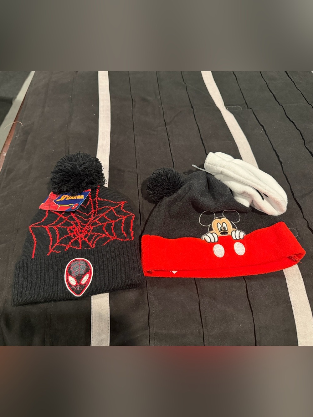 Disney Kids Black and Red Mickey & Spider-Man Pom Beanies